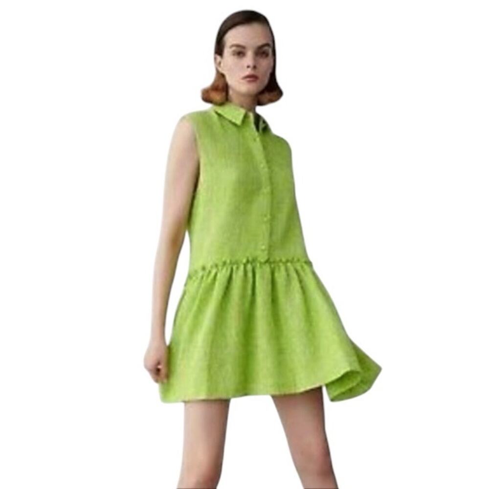 Zara Lime Green and White Textured Tweed Sleeveless Mini Dress Size XS